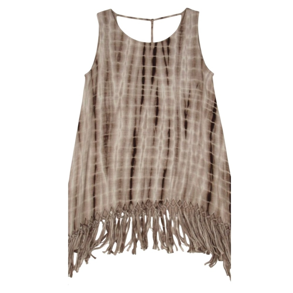 UMGEE Brown/Cream ONYX COMBO TIE DYE Sleeveless FRINGE HEM Blouse/Tunic Top Sz S